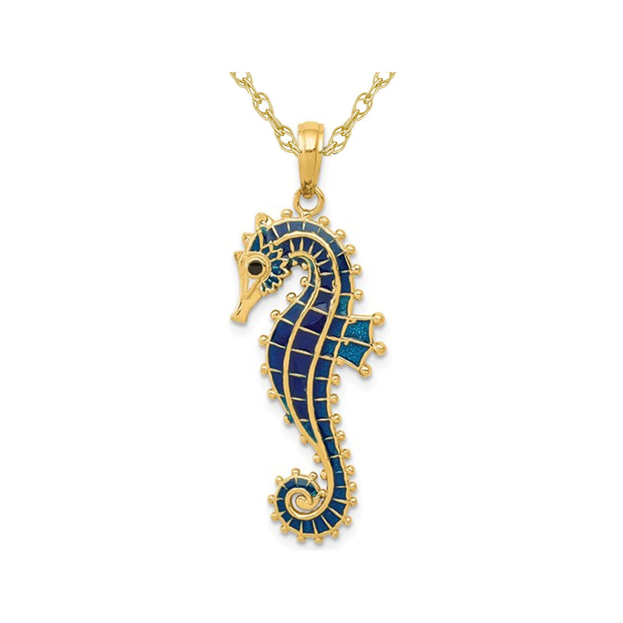 14K Yellow Gold 3-D Blue Enameled Seahorse Charm Pendant Necklace with Chain Image 1