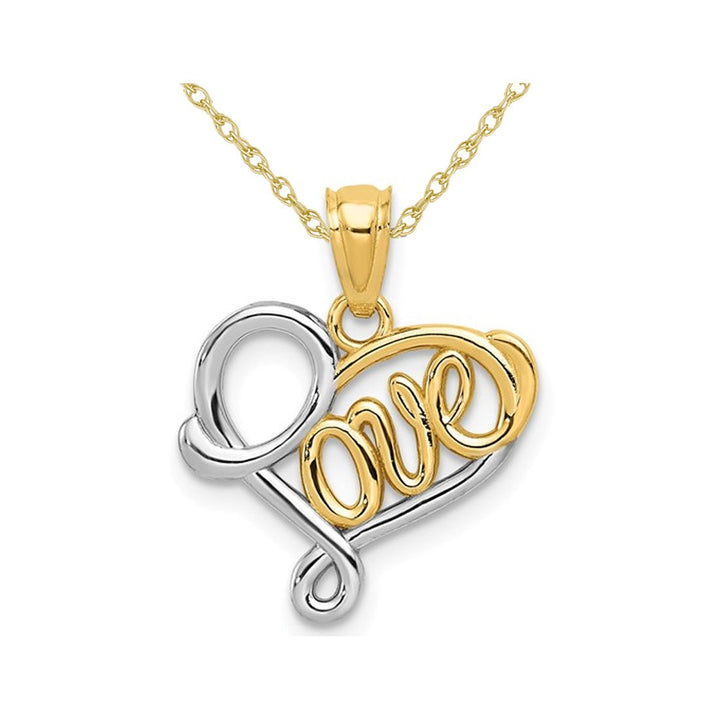 14K Yellow and White Gold LOVE Heart Pendant Necklace with Chain Image 1