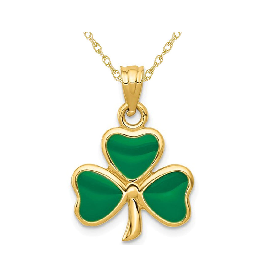 14K Yellow Gold 3-Leaf Clover Charm Pendant Necklace with Chain and Green Enamel Image 1