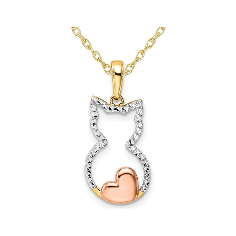 14K White Rose Pink Gold Diamond-Cut Heart Cat Pendant Necklace with Chain Image 1