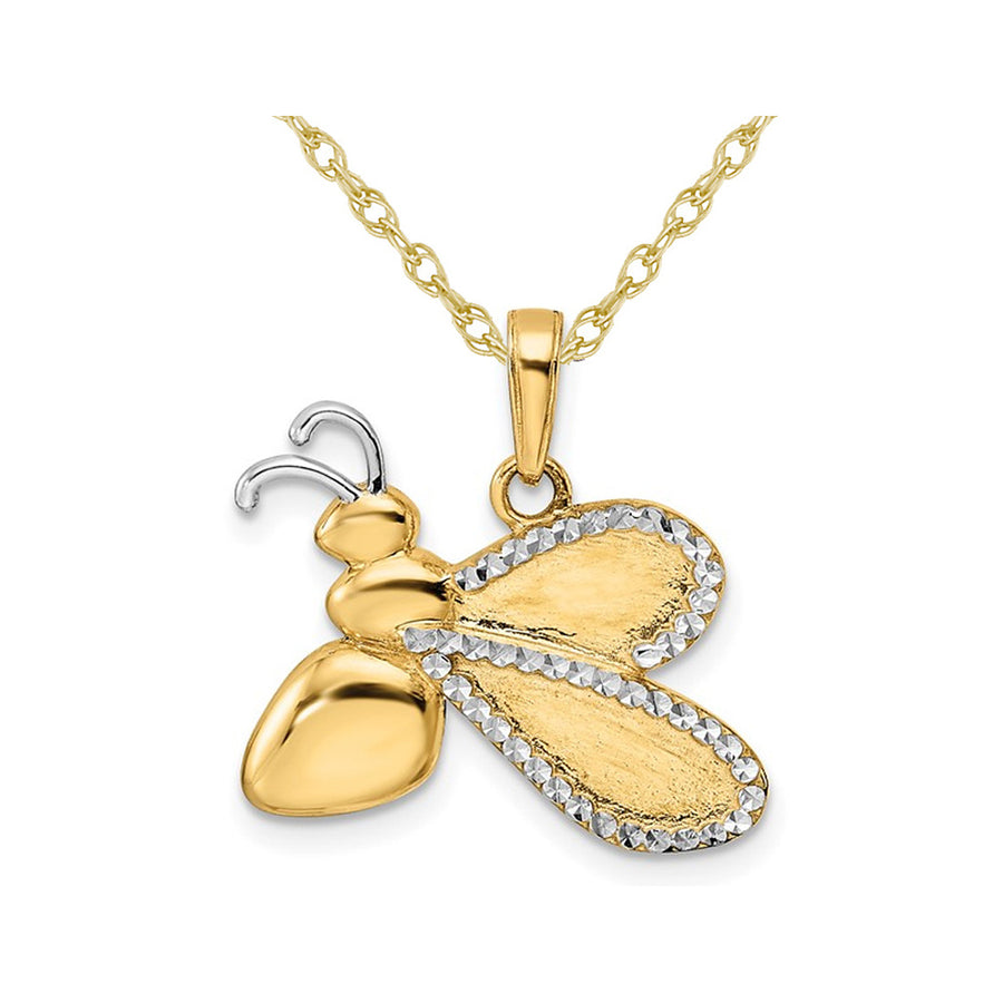 14K Yellow Gold Bee Charm DIamond-Cut Pendant Necklace and Chain Image 1