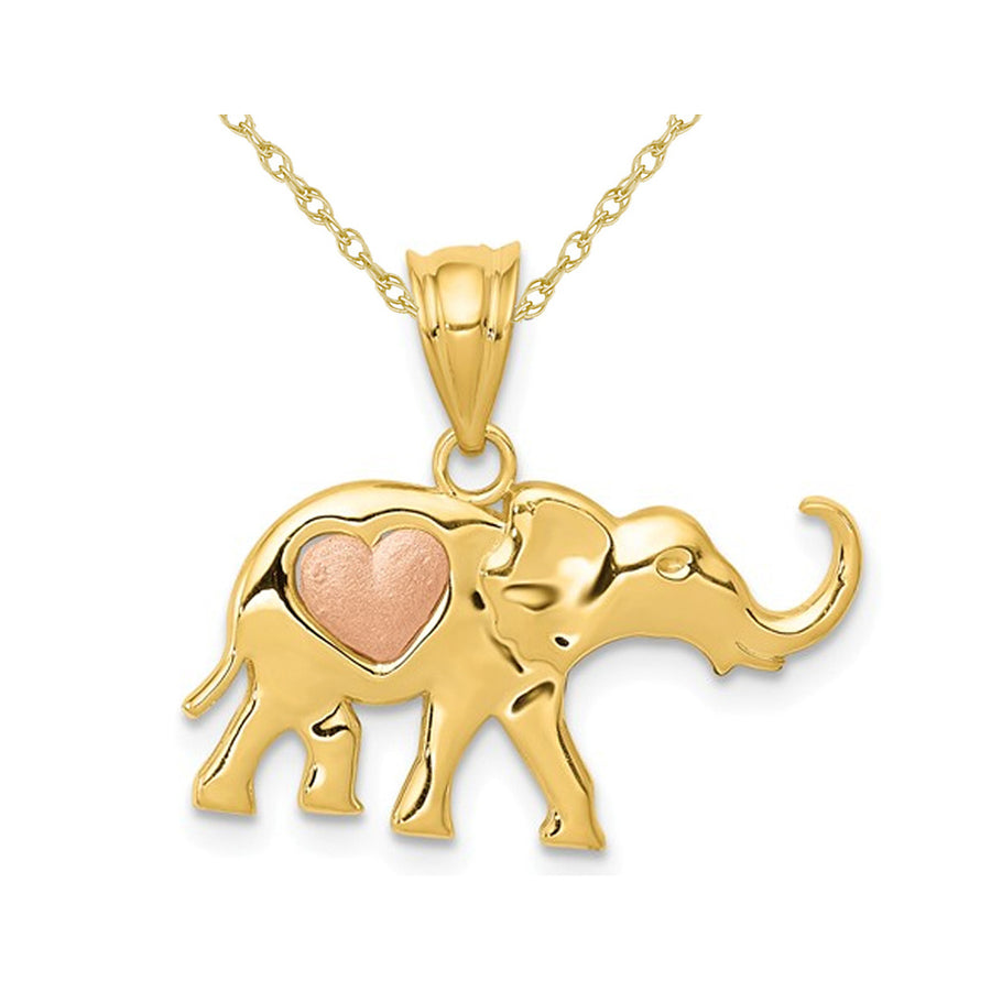 14K Yellow and Rose Pink Gold Elephant Heart Charm Pendant Necklace with Chain Image 1