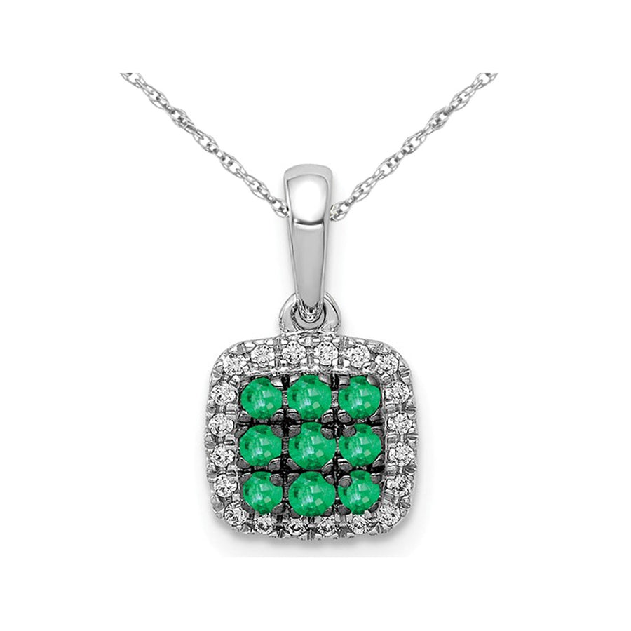 1/6 Carat (ctw) Natural Cluster Emerald Halo Pendant Necklace in 14K White Gold with Chain and Accent Diamonds Image 1