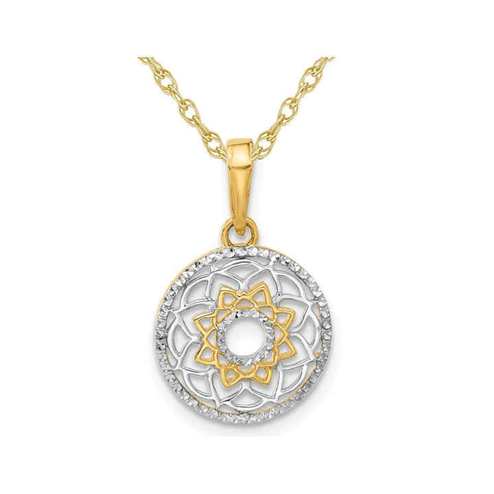 14K Yellow and White Gold Floral Circle Pendant Necklace with Chain Image 1