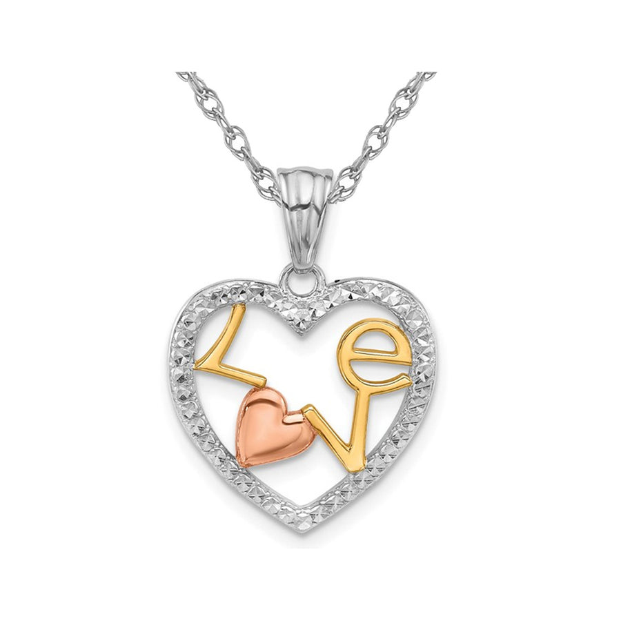 14K YellowWhite and Rose Gold - LOVE - Heart Charm Pendant Necklace with Chain Image 1