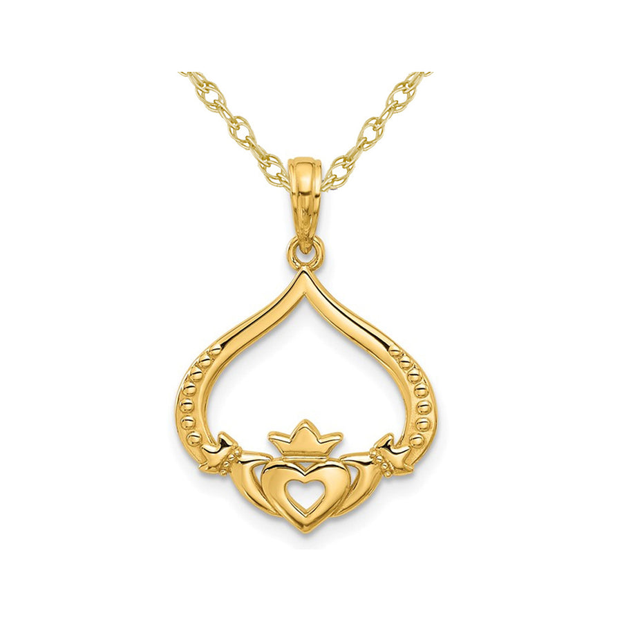 14K Yellow Gold Polished Claddagh Drop Pendant Necklace with Chain Image 1