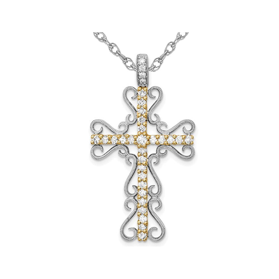 2/3 Carat (ctw) Diamond Filigree Cross Pendant Necklace in 14K White and Yellow Gold with Chain Image 1
