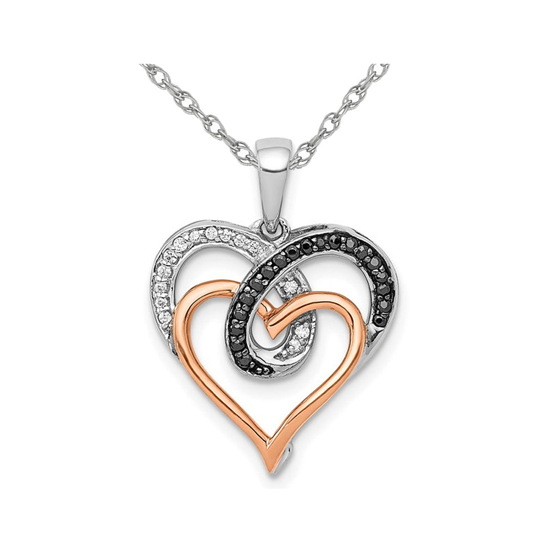 1/10 Carat (ctw) Black and White Diamond Double Heart Pendant Necklace in 14K White and Rose Gold with Chain Image 1