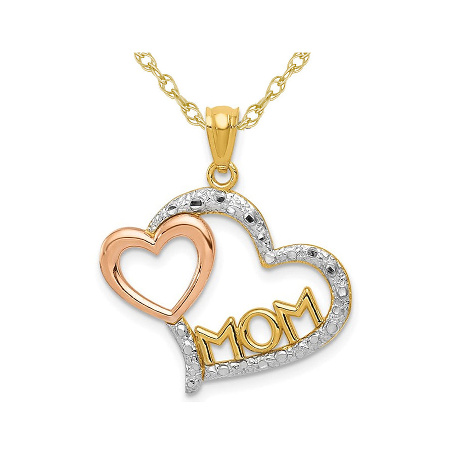 Mom Heart Pendant Necklace in 14K Yellow and Rose PInk Gold with Chain Image 1