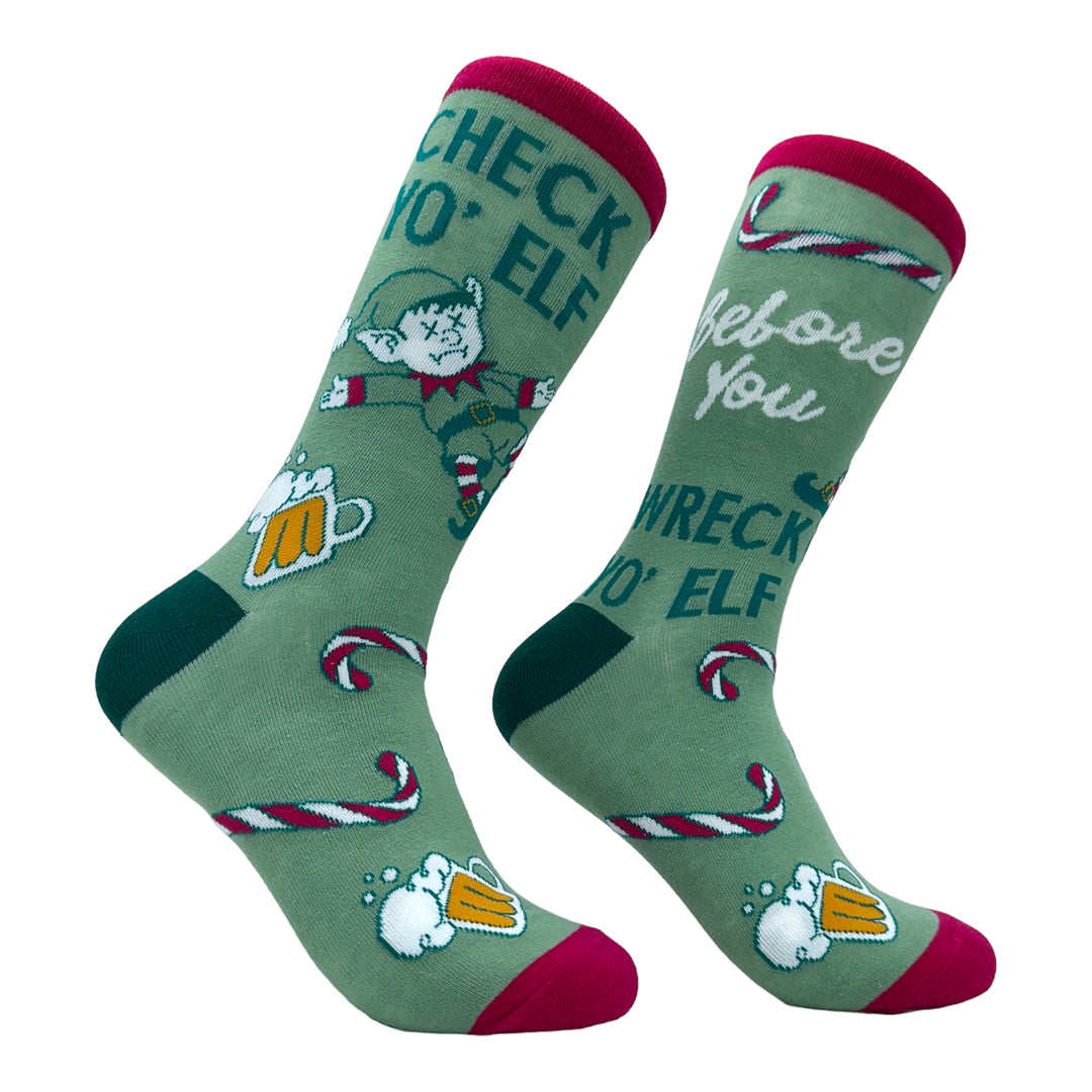 Womens Check Yo Elf Before You Wreck Yo Elf Socks Funny Drinking Xmas Elves Joke Footwear Image 1