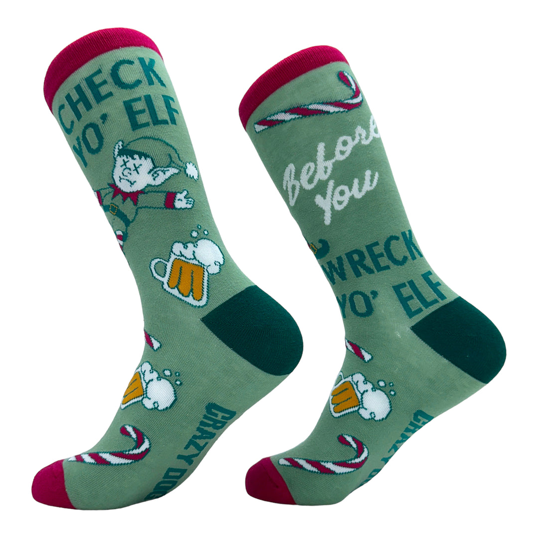 Womens Check Yo Elf Before You Wreck Yo Elf Socks Funny Drinking Xmas Elves Joke Footwear Image 2