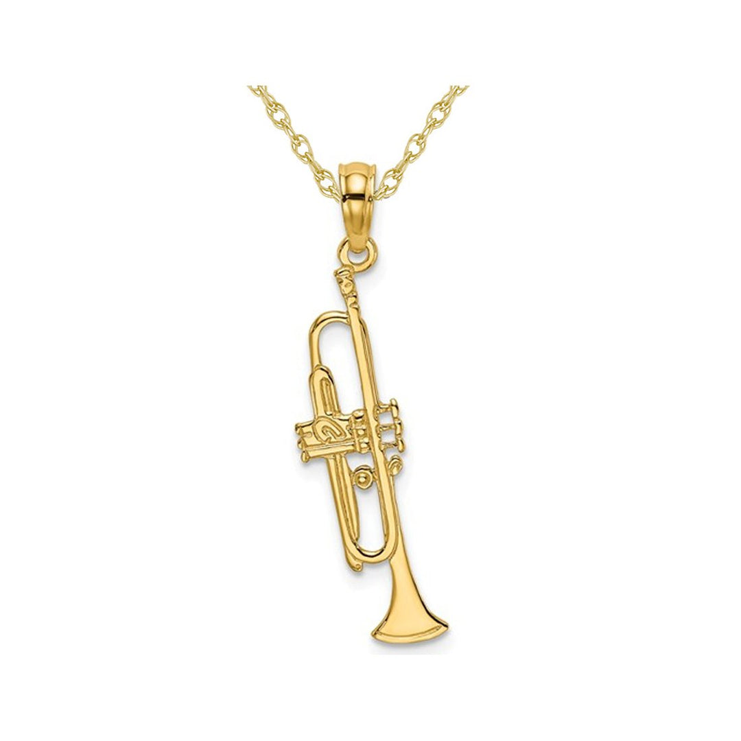 14K Yellow Gold Polished Trumpeet Musical Charm Pendant Necklace with Chain Image 1