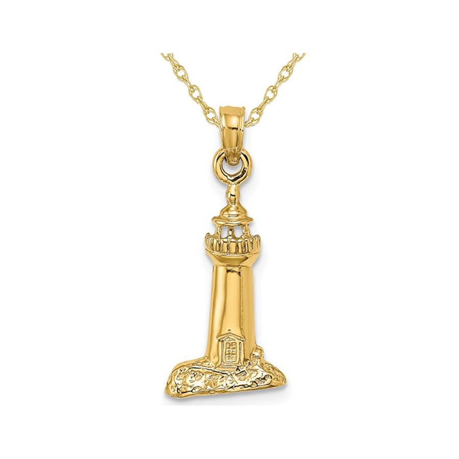 14K Yellow Gold Lighthouse Pendant Necklace Charm with Chain Image 1