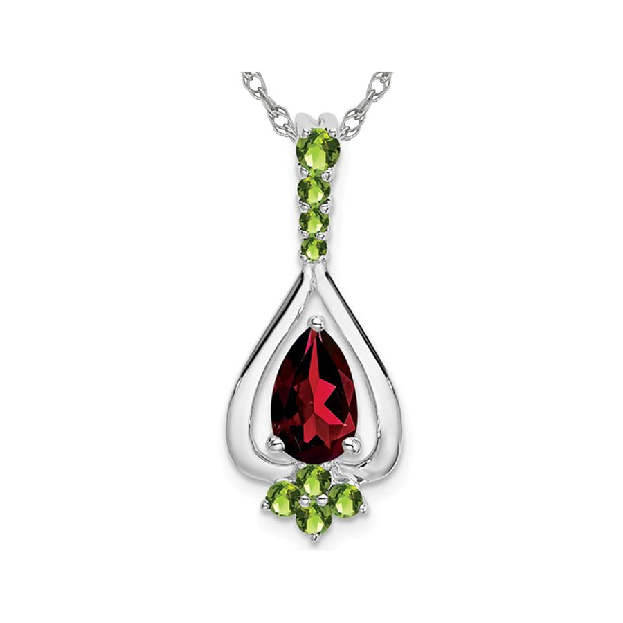 1.00 Carat (ctw) Garnet and Peridot Drop Pendant Necklace in 14K White Gold with Chain Image 1