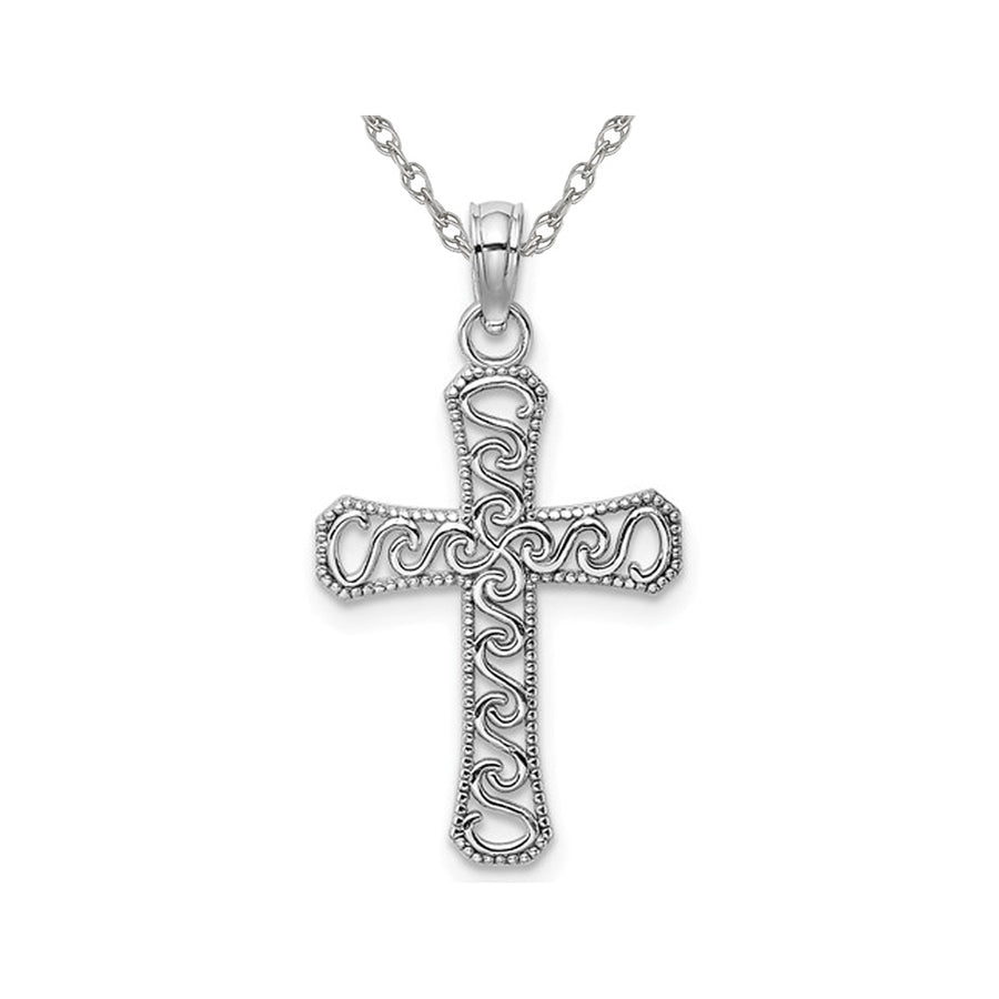 14K White Gold Fancy Cross Pendant Necklace with Chain Image 1