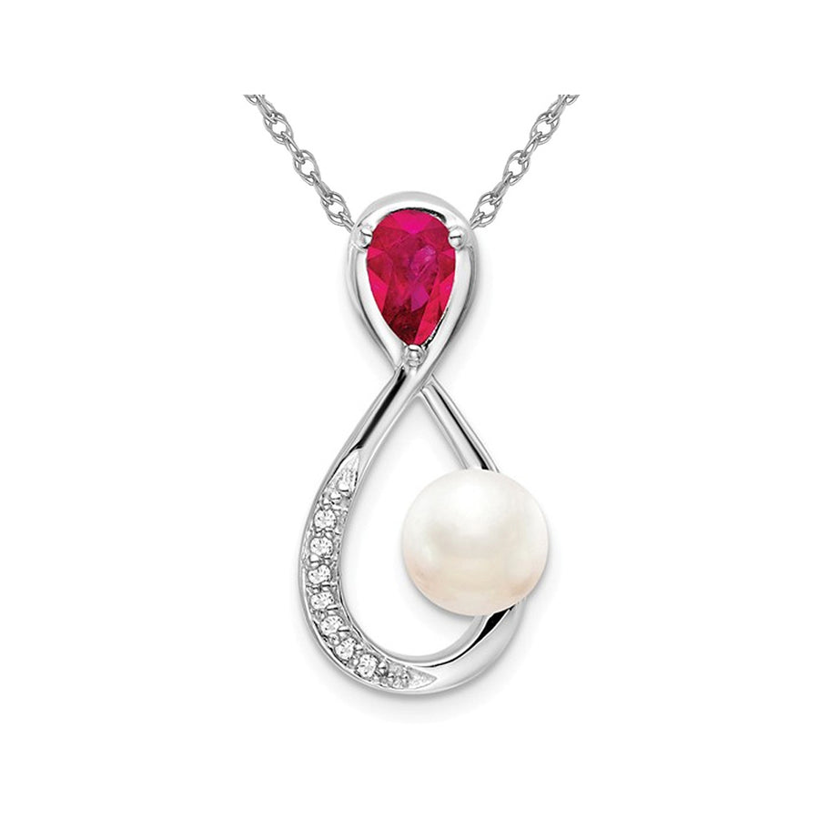 1/2 Carat (ctw) Ruby and Pearl Drop Pendant Necklace in 14K White Gold with Chain Image 1