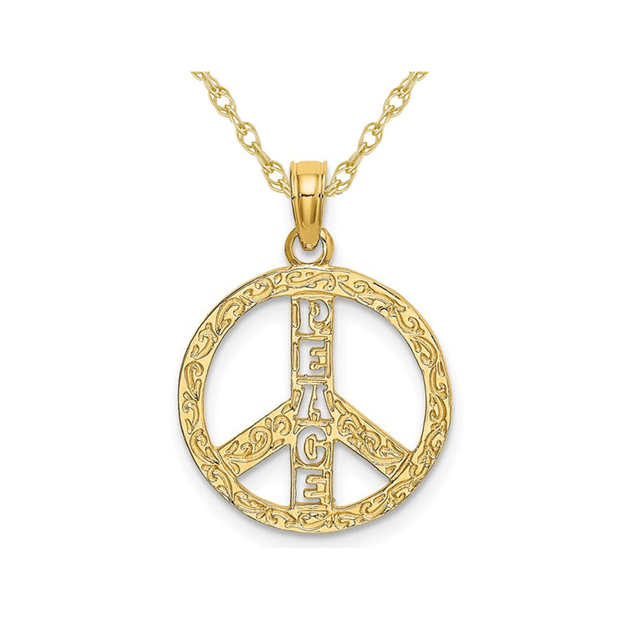 14K Yellow Gold Textured Peace Sign Charm Pendant Necklace with Chain Image 1