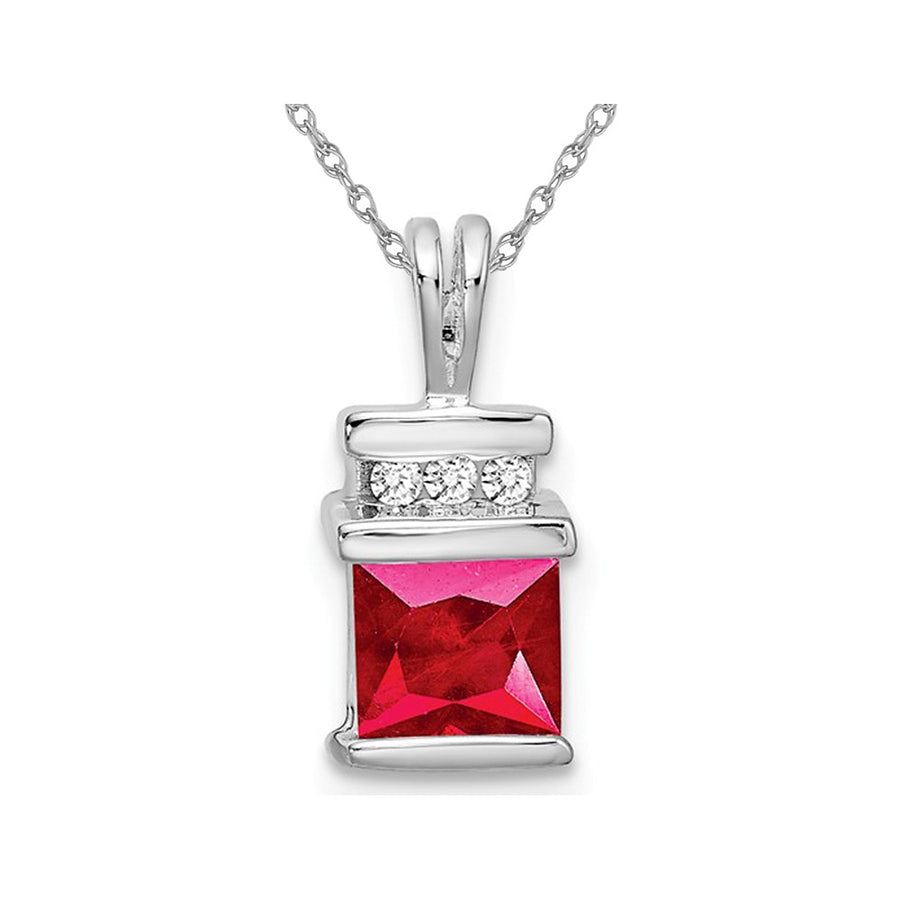4/5 Carat (ctw) Princess Cut Natural Ruby Pendant Necklace in 14K White Gold with Chain Image 1