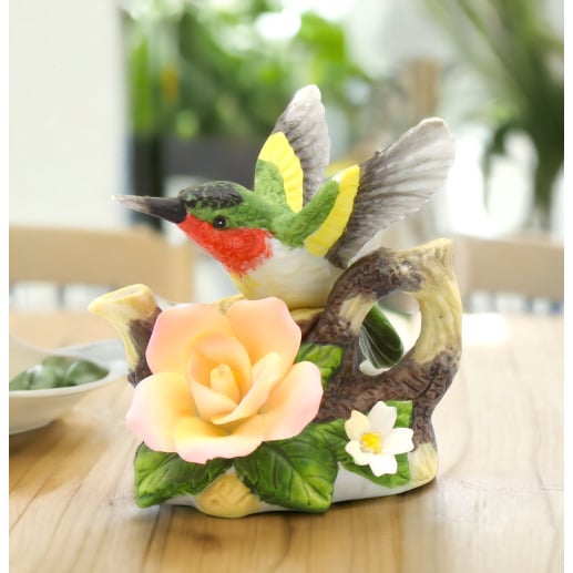 Ceramic Hummingbird with Rose Flower Teapot FigurineHome DcorMomKitchen Dcor, Image 1