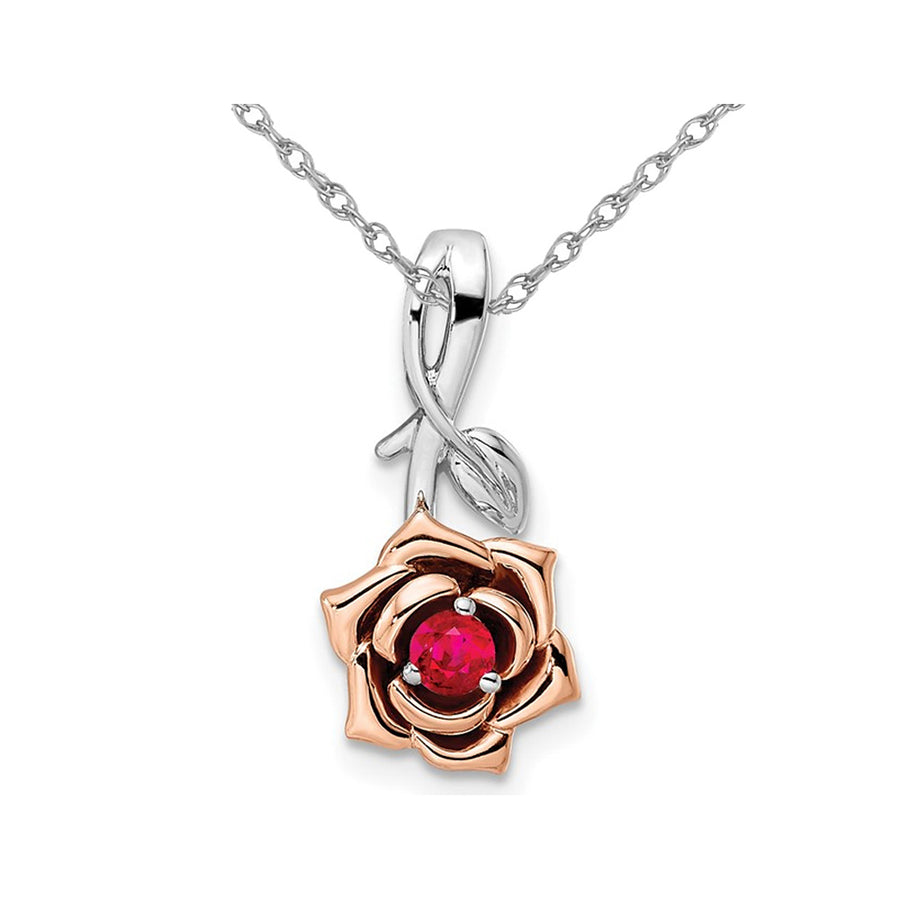 1/7 Carat (ctw) Ruby Flower Charm Pendant Necklace in 14K White and Rose Gold with Chain Image 1