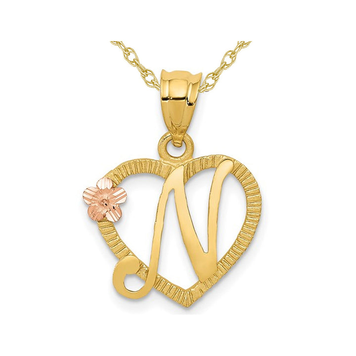 14K Yellow Gold Initial -N- Heart Necklace Pendant Charm with Chain Image 1