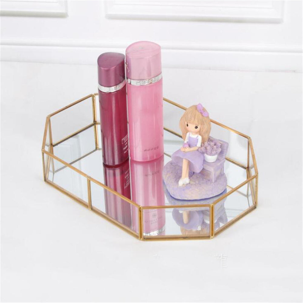 2 Size Mirror Glass Tray Octagon Cosmetic Makeup Desktop Organizer Jewelry Display Stand Holder Image 2