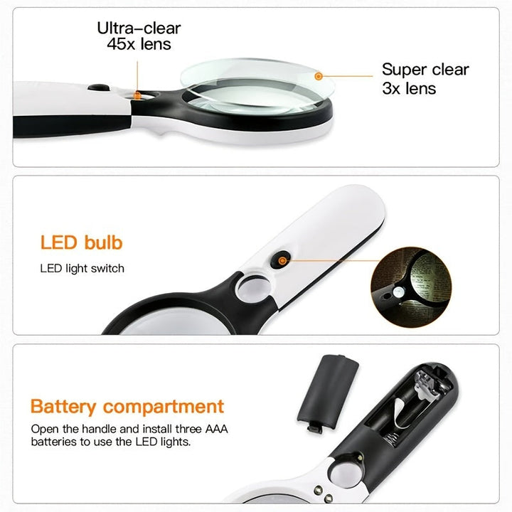 3X,45X Handheld Magnifier Jewelry Loupe with LED Bulbs for Reading and Crafts Image 6