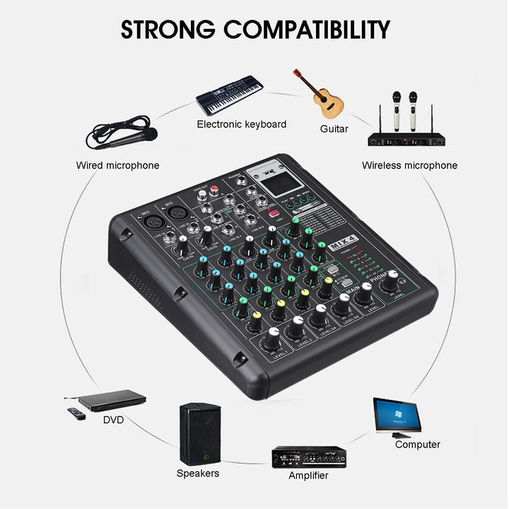6 Channel bluetooth DJ HD Mic Audio Mixer Control LED Digital Display Music Stream with USB Interface Image 3