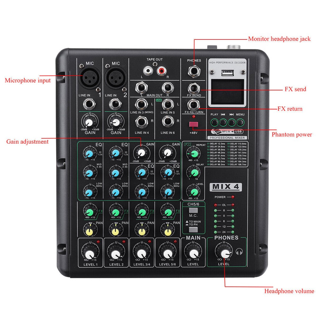 6 Channel bluetooth DJ HD Mic Audio Mixer Control LED Digital Display Music Stream with USB Interface Image 4