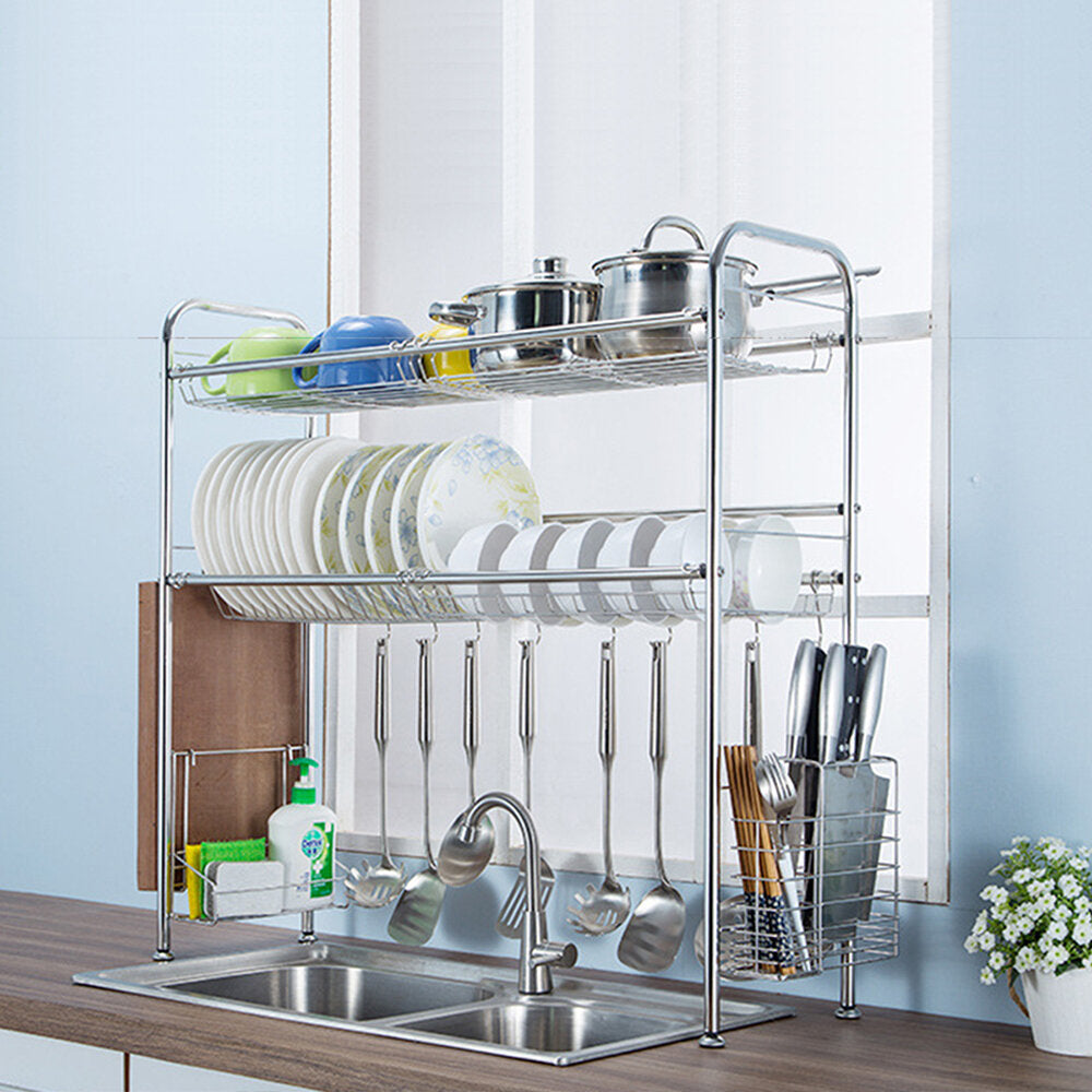 64,74,84,94cm Stainless Steel Rack Shelf Double Layers Storage for Kitchen Dishes Arrangement Image 3