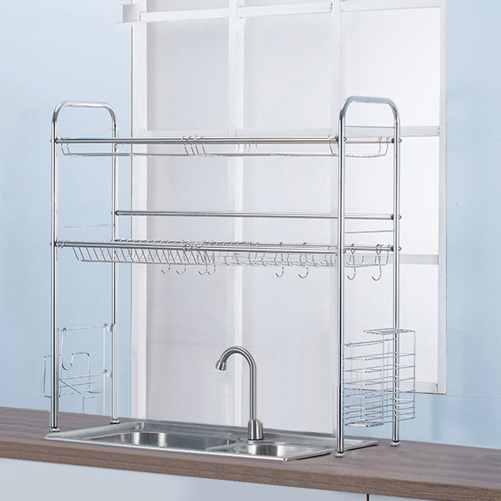64,74,84,94cm Stainless Steel Rack Shelf Double Layers Storage for Kitchen Dishes Arrangement Image 6