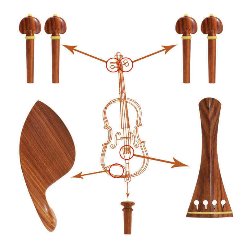 7-Piece Redwood Violin Parts Set Includes 1 Tailpiece 4 Tuning Pegs 1 Chin Rest 1 Endpin Accessories for 4,4 Violin Image 2