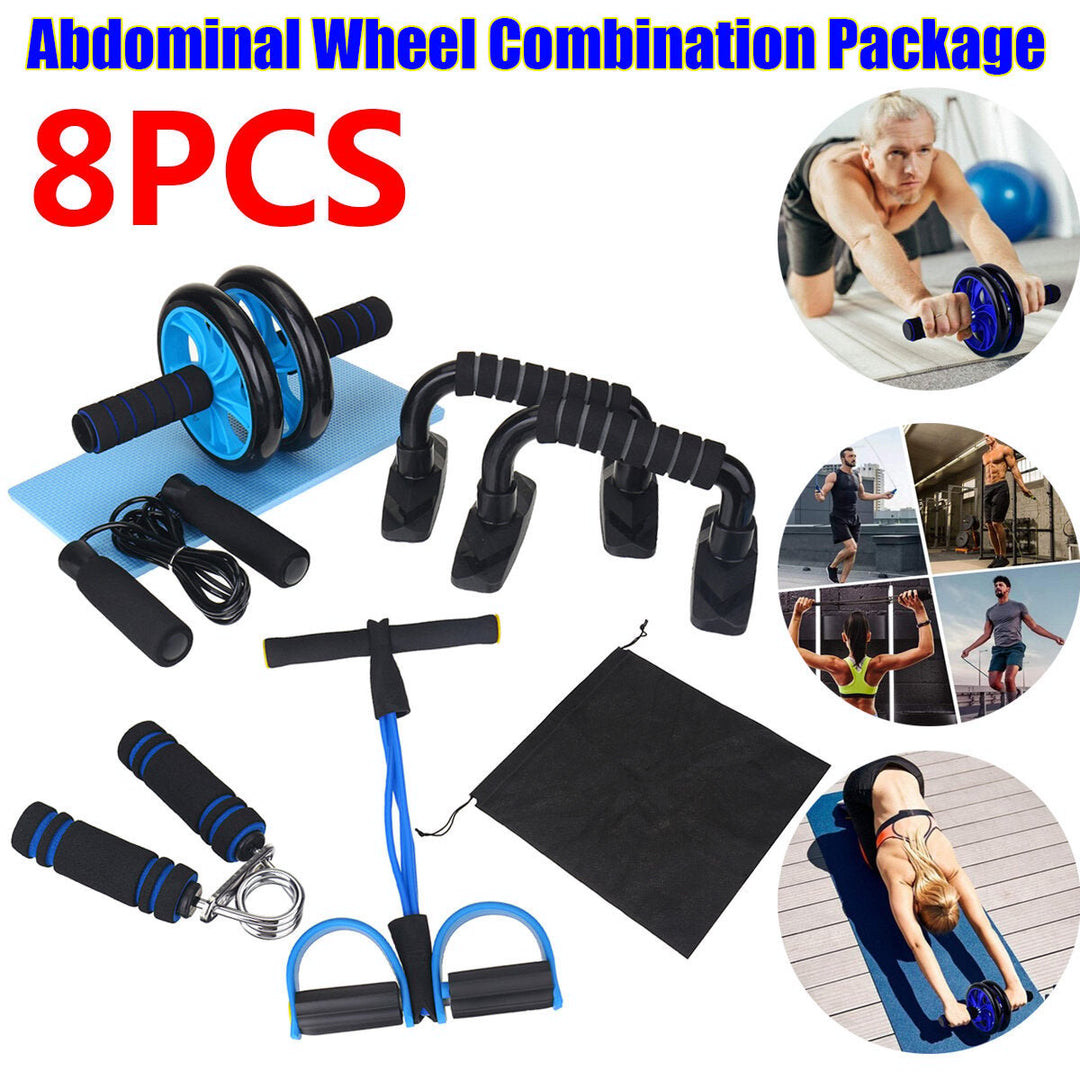 8PCS Abdominal Training Set Non-slip AB Wheel Roller Resistance Band Jump Rope Fitness Gym Exercise Tools Image 1