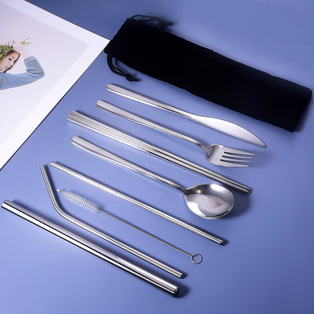 9pcs Titanium-Plated 304 Stainless Steel Cutlery Set Knife Fork Spoon Chopsticks Straw Image 2