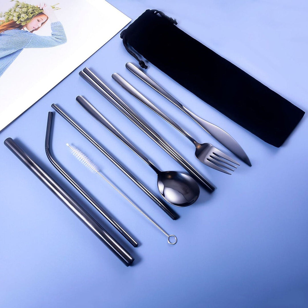 9pcs Titanium-Plated 304 Stainless Steel Cutlery Set Knife Fork Spoon Chopsticks Straw Image 1