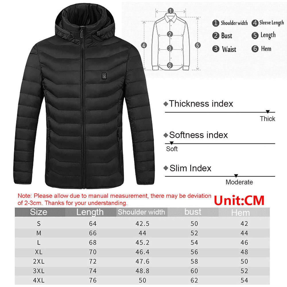 9 Heating Zones Single/Double Button USB Unisex Electric Heated Coat Winter Warm Hooded Jacket Image 2