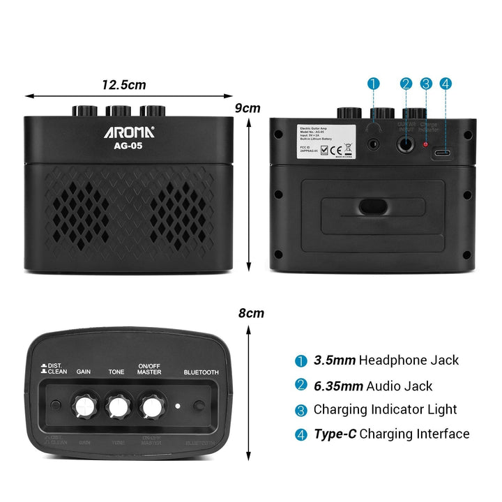 Bluetooth Electric Guitar Amp Amplifier 5-Watt Stereo Output Distortion Gain Tone Control 3.5mm Monitoring 6.35mm Image 4