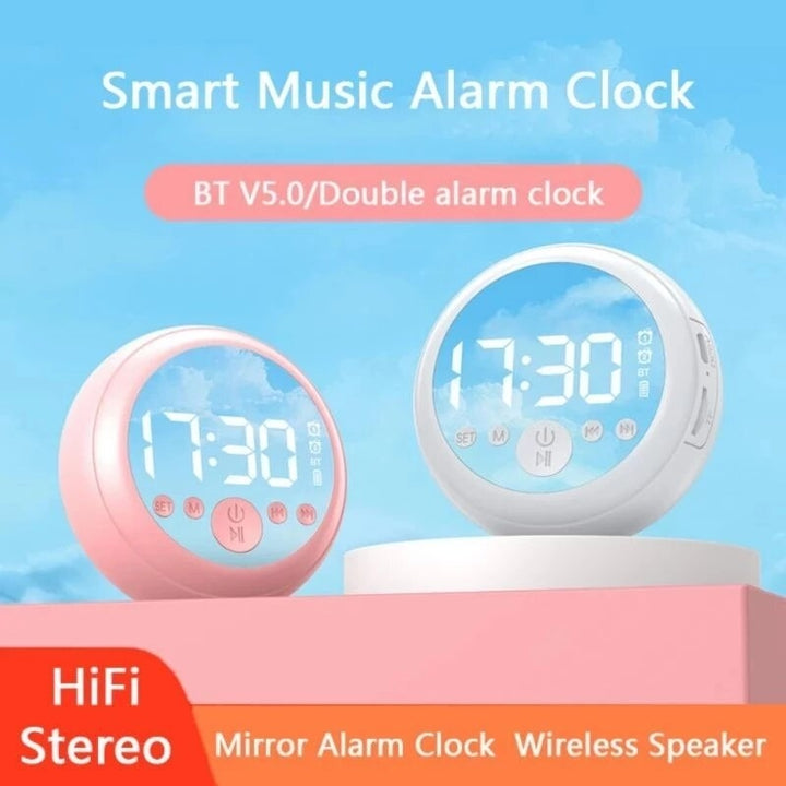 Bluetooth 5.0 Speaker Mirror Dual Alarm Clock HIFI Stereo Mini Round Shape Subwoofer Support FM Radio TF Card Image 4