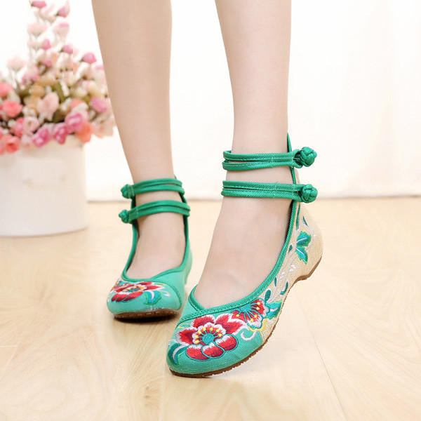 Big Size Women Mary Janes Chinese Embroidered Flower Flat Shoes Linen Loafers Image 6