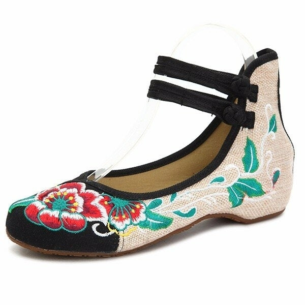Big Size Women Mary Janes Chinese Embroidered Flower Flat Shoes Linen Loafers Image 9