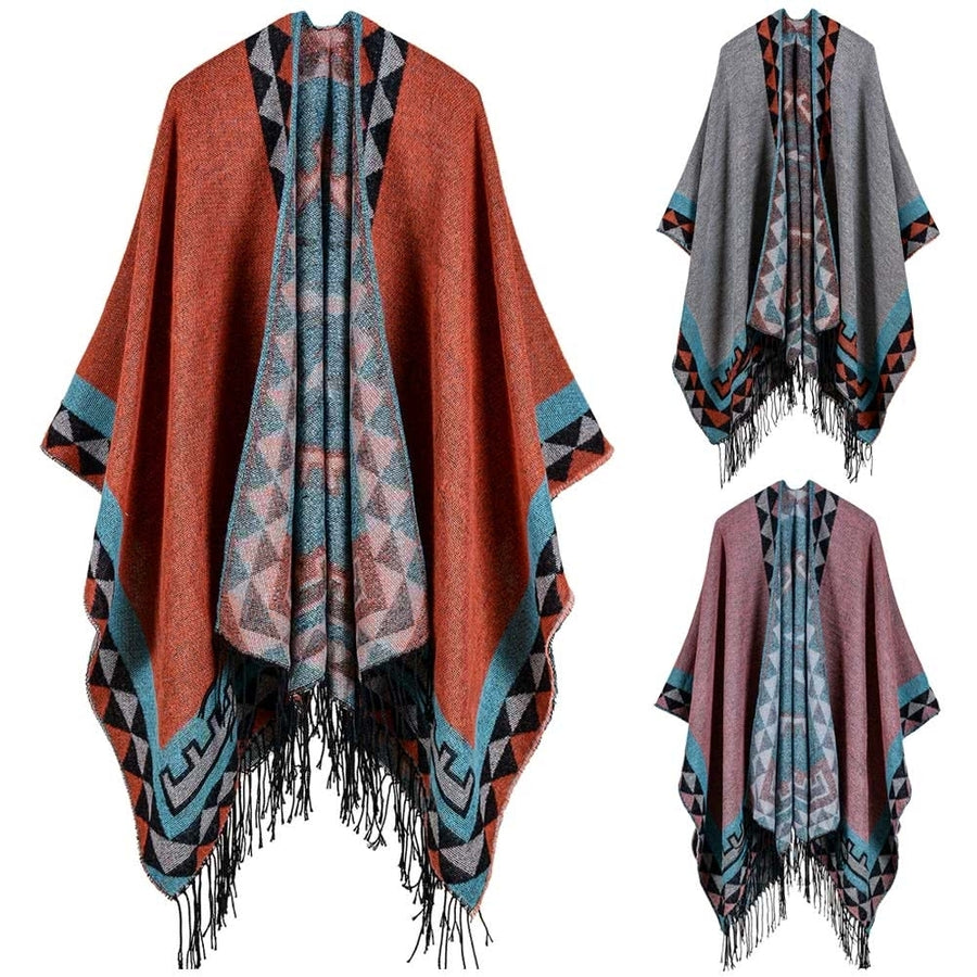 Boho Women Knitted Shawl Poncho Faux Cashmere Geometric Pattern Tassel Oversized Warm Long Cape Image 1