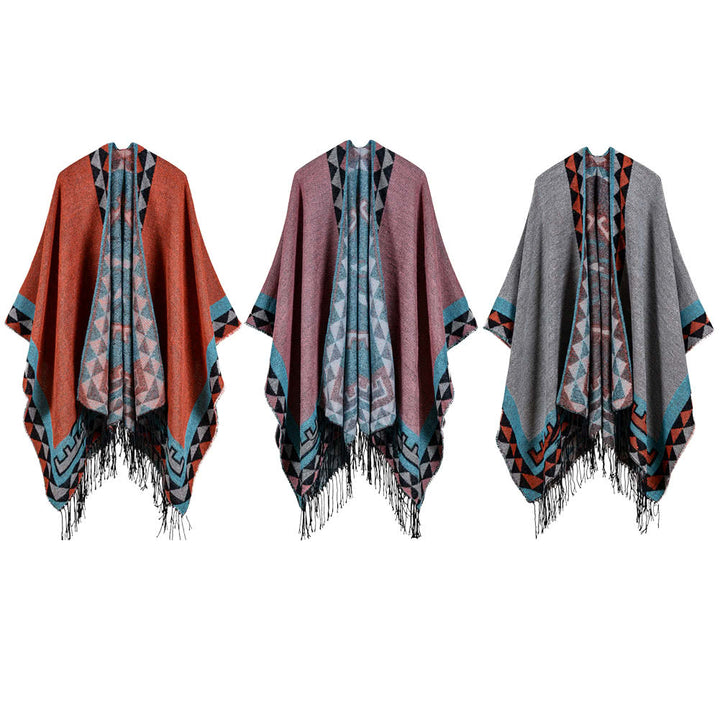 Boho Women Knitted Shawl Poncho Faux Cashmere Geometric Pattern Tassel Oversized Warm Long Cape Image 2