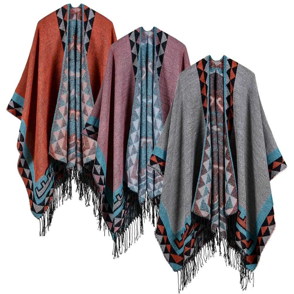 Boho Women Knitted Shawl Poncho Faux Cashmere Geometric Pattern Tassel Oversized Warm Long Cape Image 3