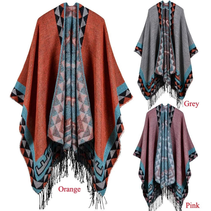 Boho Women Knitted Shawl Poncho Faux Cashmere Geometric Pattern Tassel Oversized Warm Long Cape Image 4