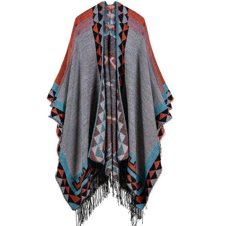 Boho Women Knitted Shawl Poncho Faux Cashmere Geometric Pattern Tassel Oversized Warm Long Cape Image 4