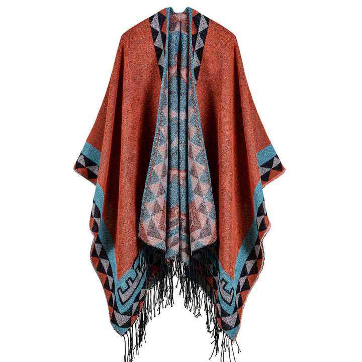 Boho Women Knitted Shawl Poncho Faux Cashmere Geometric Pattern Tassel Oversized Warm Long Cape Image 6