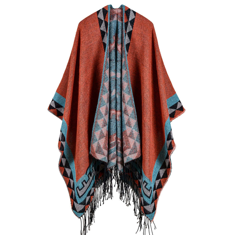 Boho Women Knitted Shawl Poncho Faux Cashmere Geometric Pattern Tassel Oversized Warm Long Cape Image 1