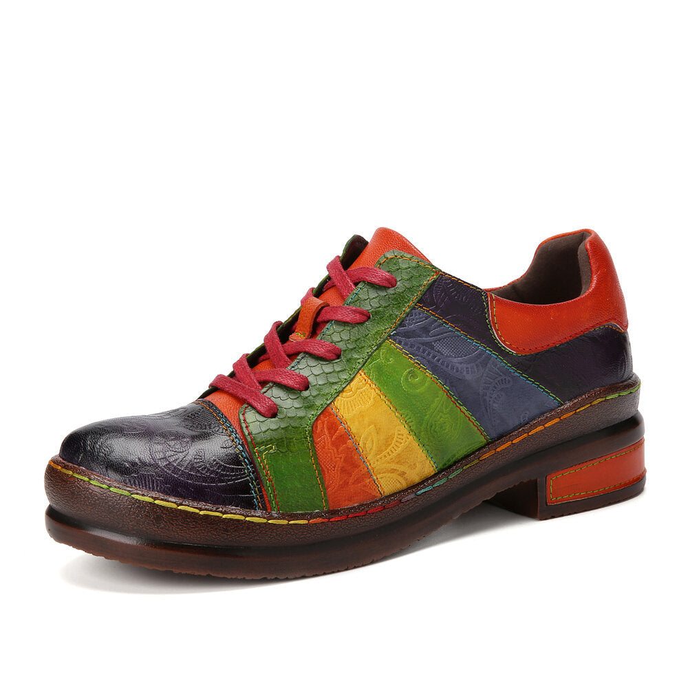 Casual Lace Up Rainbow Print Stitching Loafers Shoes Women's Leather Comfy Flats Image 1