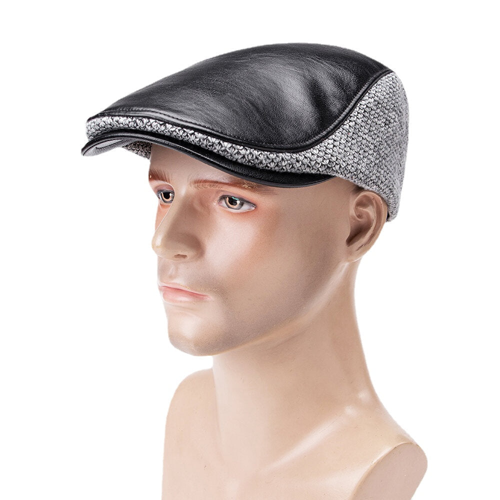 Collrown Men Faux Leather and Knit Contrast Color Retro Casual Outdoor Leather Forward Hat Beret Hat Image 8