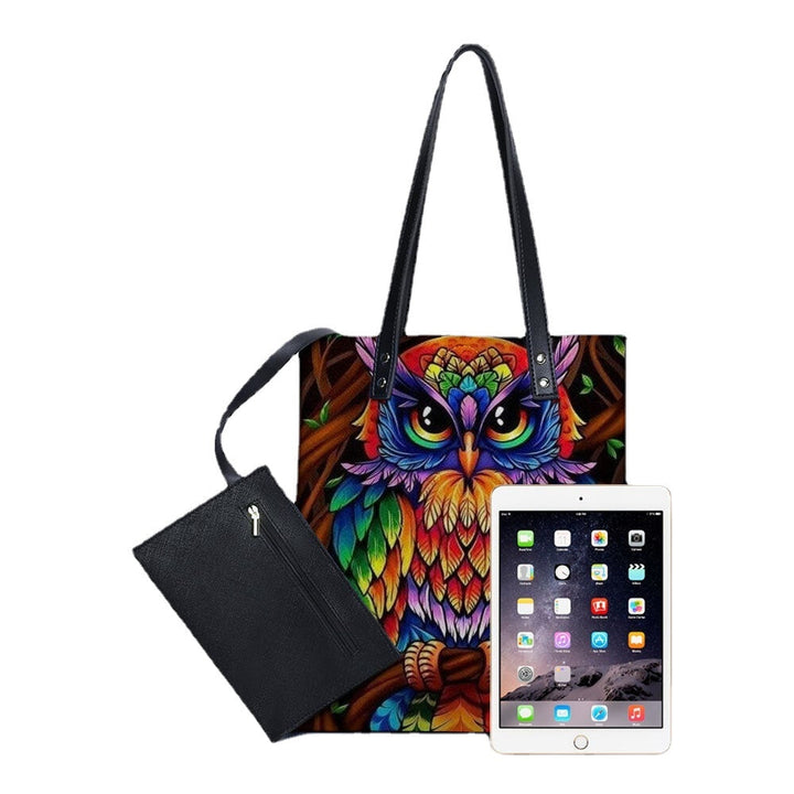 Color Owl Print Pattern Leather Tote Sticker Shoulder Handbag Tote With Built-in Small Bag Image 3